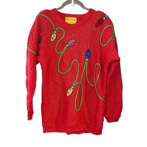 Vintage 90s Wee Spree Christmas Lights Embroidered Embellished Red Ugly Size S